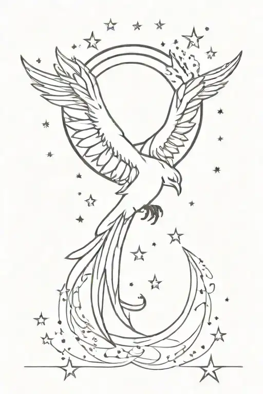 Phenix And Moon Surrounded By Stars