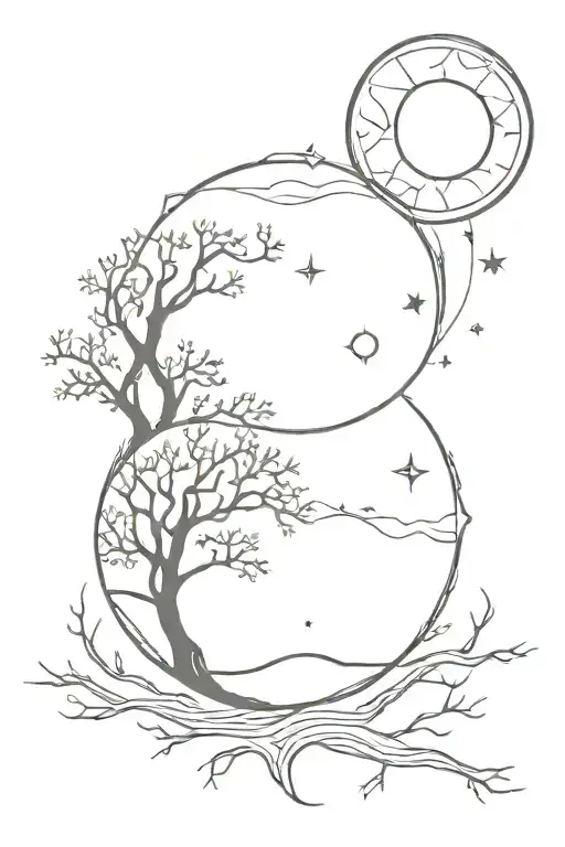 Sun And Moon On Either Side Of Tree Sillhouette