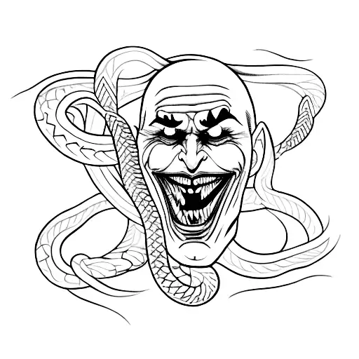 Create A Minimalist Tattoo Design Featuring The Joker And Snakes Intertwined