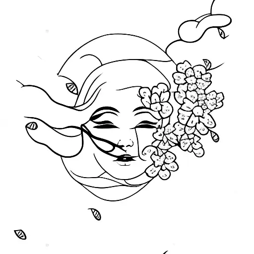 Coming Out Of Female Head Is Cherry Blossom Tree In Line Art Style