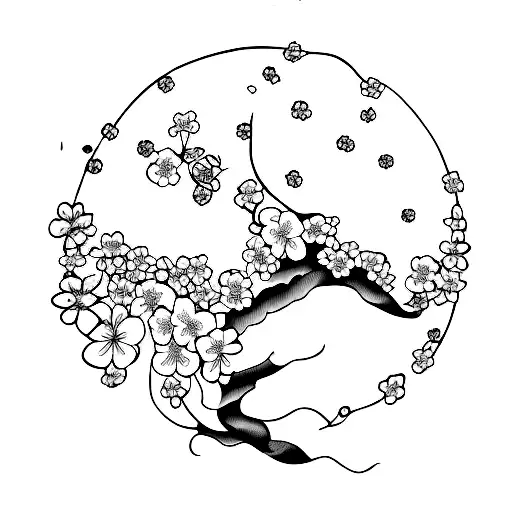 Coming Out Of Female Head Is Cherry Blossom Tree In Line Art Style