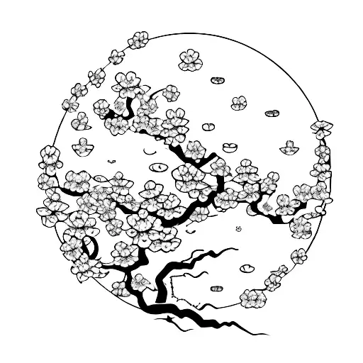 Coming Out Of The Top Of The Female Head Is Cherry Blossom Tree In Line Art Style