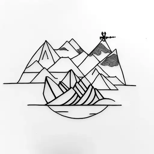 A Minimalist Tattoo Of A Mountain Landscape With A Sailboat Floating On A Serene Lake