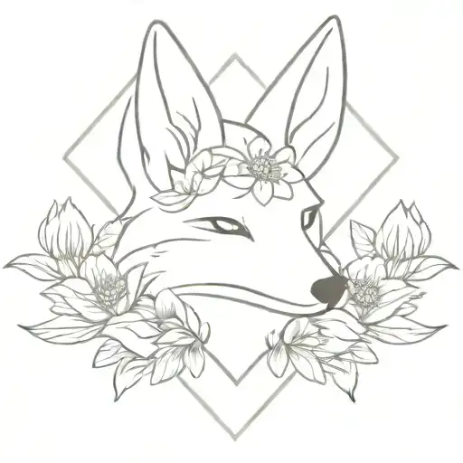Kitsune Head With A Diamond On The Forhead And Flowers Around It