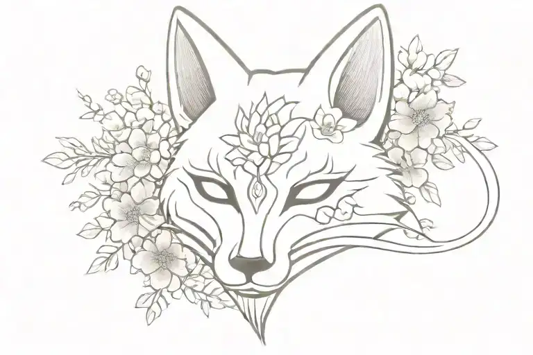 Japanese Kitsune Mask With Flowers Around It And A Sword Behind It