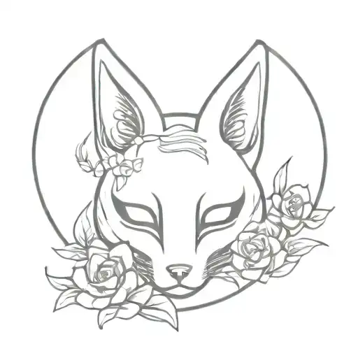 Japanese Kitsune Mask With Flowers On Its Head And A Sword Behind It