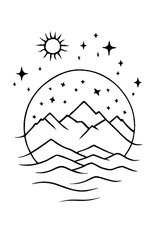 Mountains In The Middle Sky Stars Above It Moon And Sun