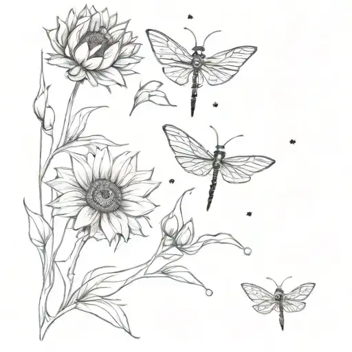 Sunflowers And Dragon Flies Coming