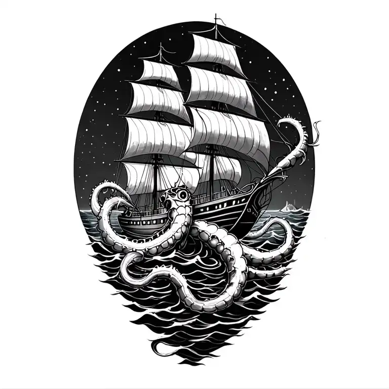 Kracken And Ship Sailing Through A Sea