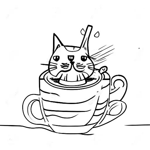 Line Art Simple Cat In A Coffee Cup