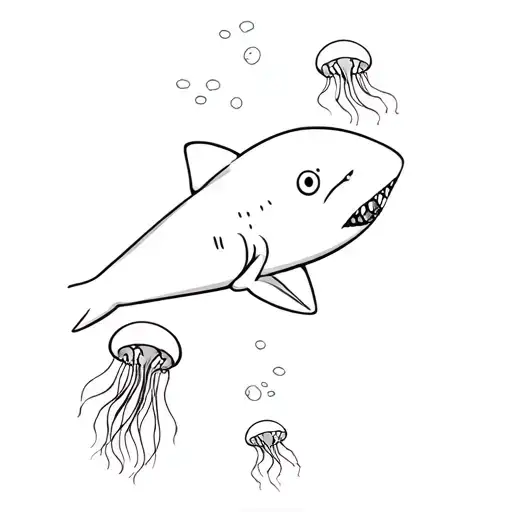 Pac-man Style Shark And Jellyfish Swimming Around Calf