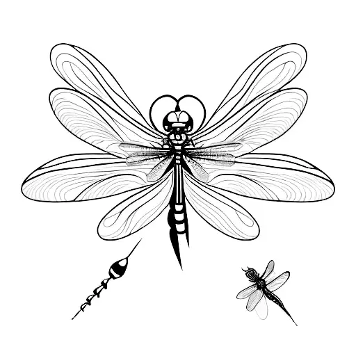 A Minimalist Tattoo Of A Dragonfly Flying Over A Serene Landscape
