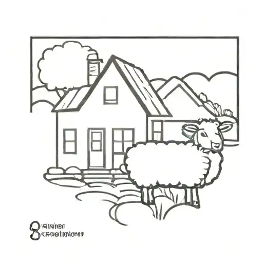 Irish Stamp Tattoo Of A Little House On A Hill With A Little Sheep