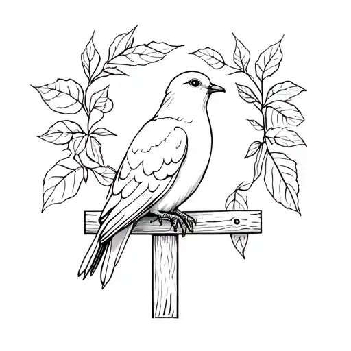 A Dove Perched On A Wooden Fence And Surrounded By Fig Leaves