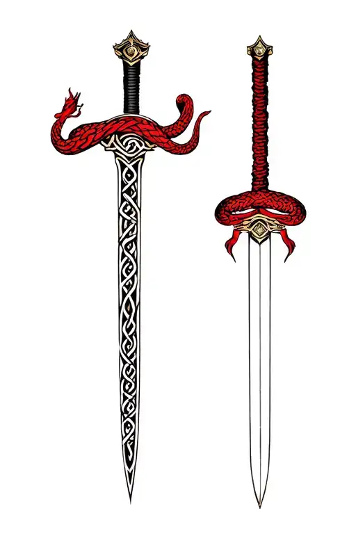 Chinese Red Snake Wrapped Around Celtic Claymore Sword