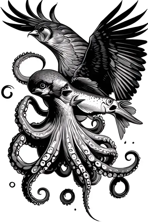 Octopus Holding Up Fish To Diving Pertain Falcon