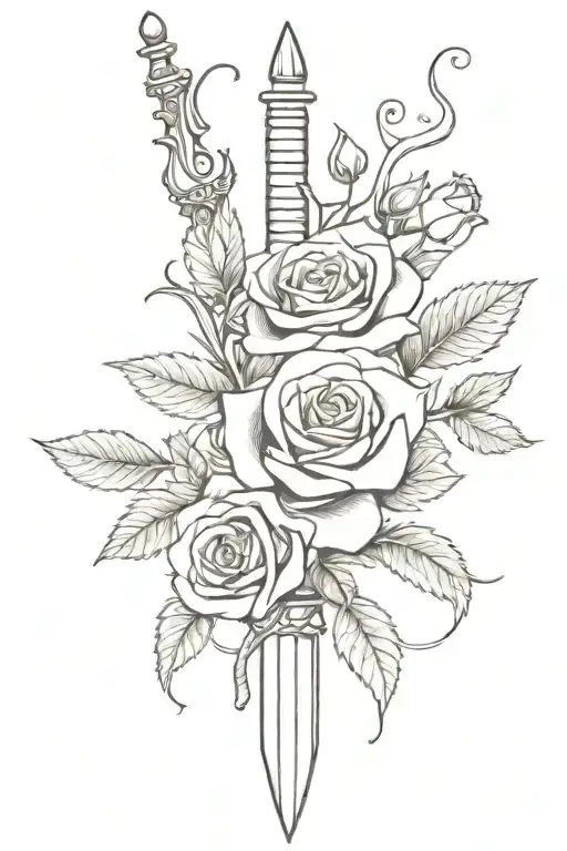 A Dagger On The Spine Pointing Down With A Vine Of Roses Wrapped Around