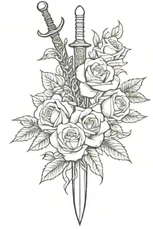 A Dagger On The Spine Pointing Down With A Vine Of Roses Wrapped Around