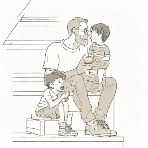 Dad And Son Eating Ice Cream Sat On The Bottom Of A Set Of Stairs