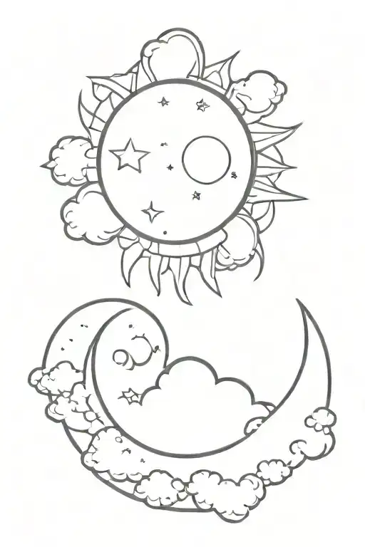 Sun And Moon With Start Dust And Clouds