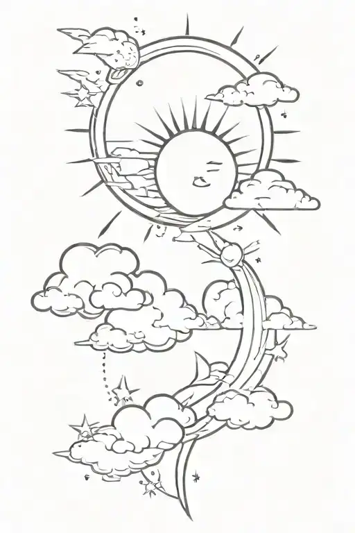 Sun And Moon With Start Dust And Clouds Line Work