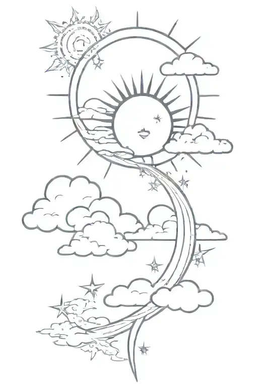 Sun And Moon With Start Dust And Clouds Line Work