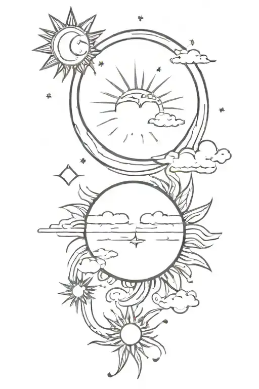 Sun And Moon With Start Dust And Clouds Line Work