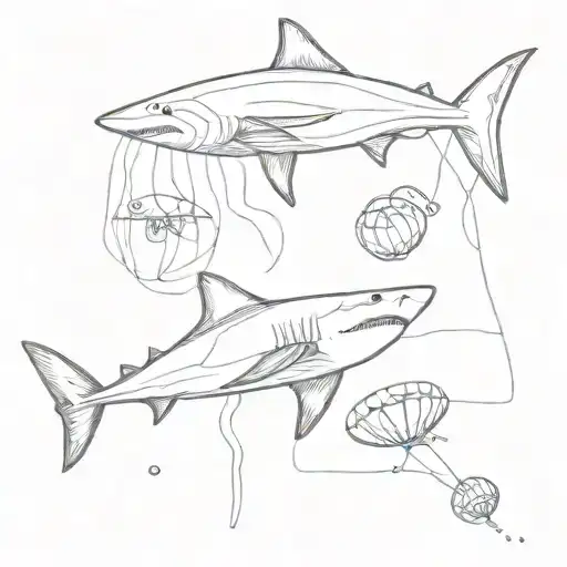 Fine Line Lineart Shark And Jellyfish