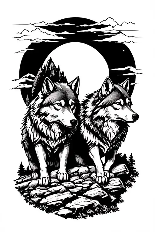 2 Wolf Brothers An Older One On Another In A Rocky Landscape Like A Mountain And A Full Moon Above