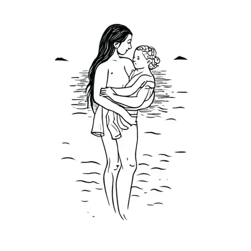 A Woman Holding A Child On The Beach