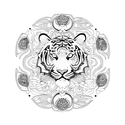 An Intricate Circuit Board Design With Tiger And Flower Motifs Intertwined