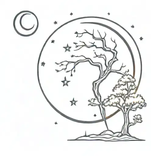 Tree With Cosmic Elements Like Stars Or A Crescent Moon