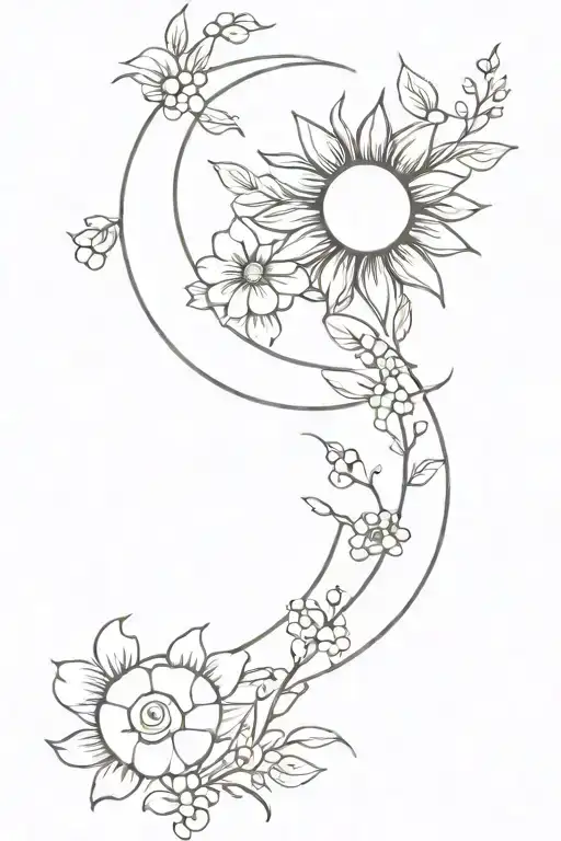 Sun And Crescent Moon Surrounded By Flowers