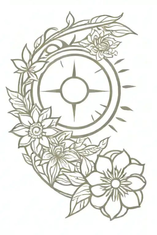 Aztec Sun And Moon Surrounded Flowers