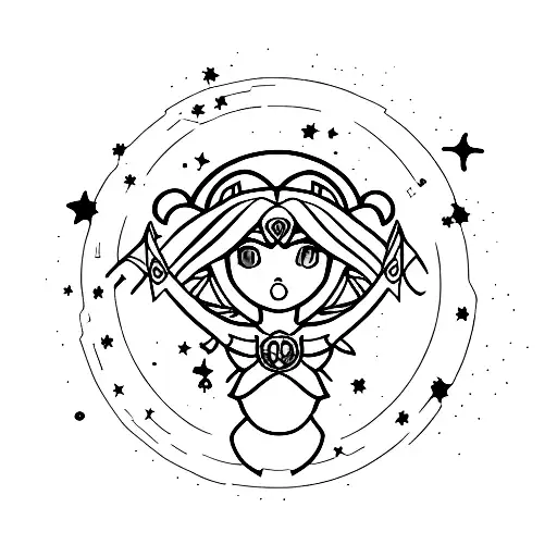 A Minimalist Tattoo Of A Sailormoon Character Surrounded By Stars And Music Notes