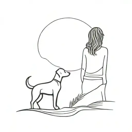 A Minimalist Tattoo Of The Back Of A Woman's Silhouette With Her Arm Around Her Dog On A Hill