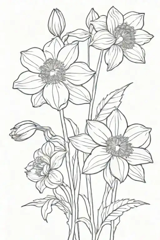 One Line Chrysanthemum And Narcissus Flower With Stems