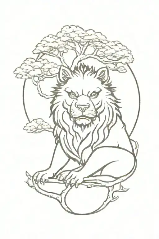 Japanese Foo Dog Head And Chest Sitting Under Tree Of Life