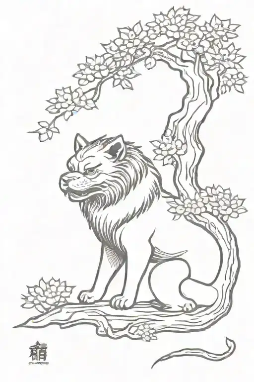 Japanese Foo Dog Under Tree Of Life