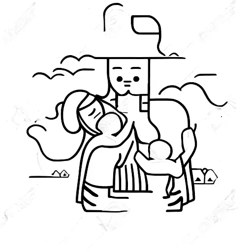 A Minimalist Design Of A Mother Embracing Her Husband And Children