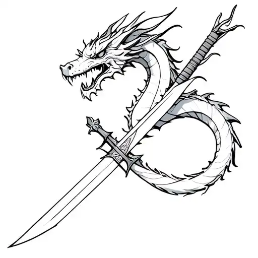Dragon Wrapping A Sword Around Its Tail