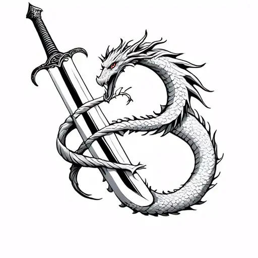 Dragon Wrapping A Sword Around Its Tail Wrapped