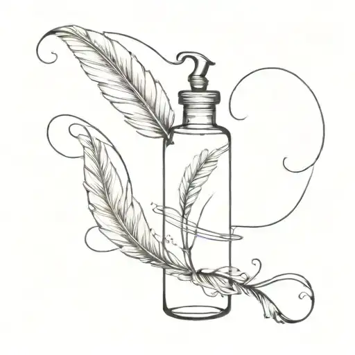 A Minimalist Tattoo Of A Quill Pen And Ink Bottle Intertwined With A Flowing Poem Script