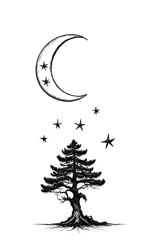 Norfolk Pine Tree With Cresent Moon And 3 Stars Scattered