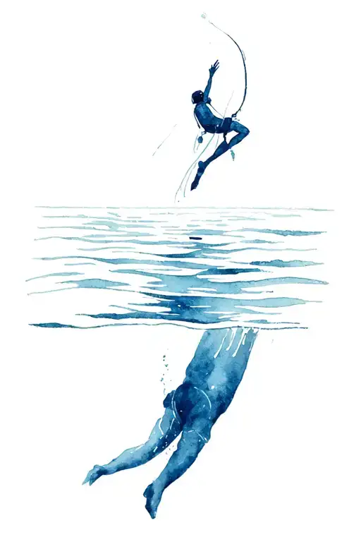 Sea Surface Around Forearm With Diver That Us Diving Towards Sea Bottom In Watercolor Style