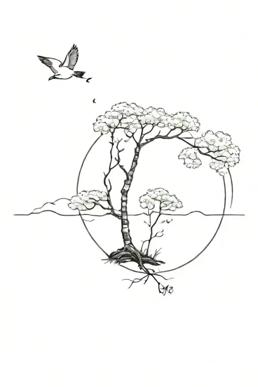 Birch Tree On Top Of Earth Symbol With Carnation Growing On Right Side Ground