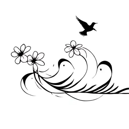 A Wave Turning Into 2 Flowers Attached To A Bird Flying