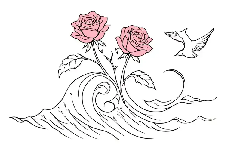 A Wave Turning Into 2 Roses Attached To A Bird Flying All Fine Lined And Attached