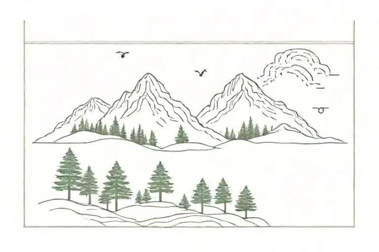 Simple Mountain With Dot Shading And Exactly 5 Evergreen Trees Underneath
