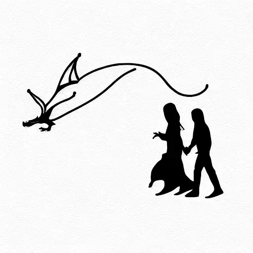 Lines Of Two Friends Walking With A Siluet Of A Dragon Flying Above Them